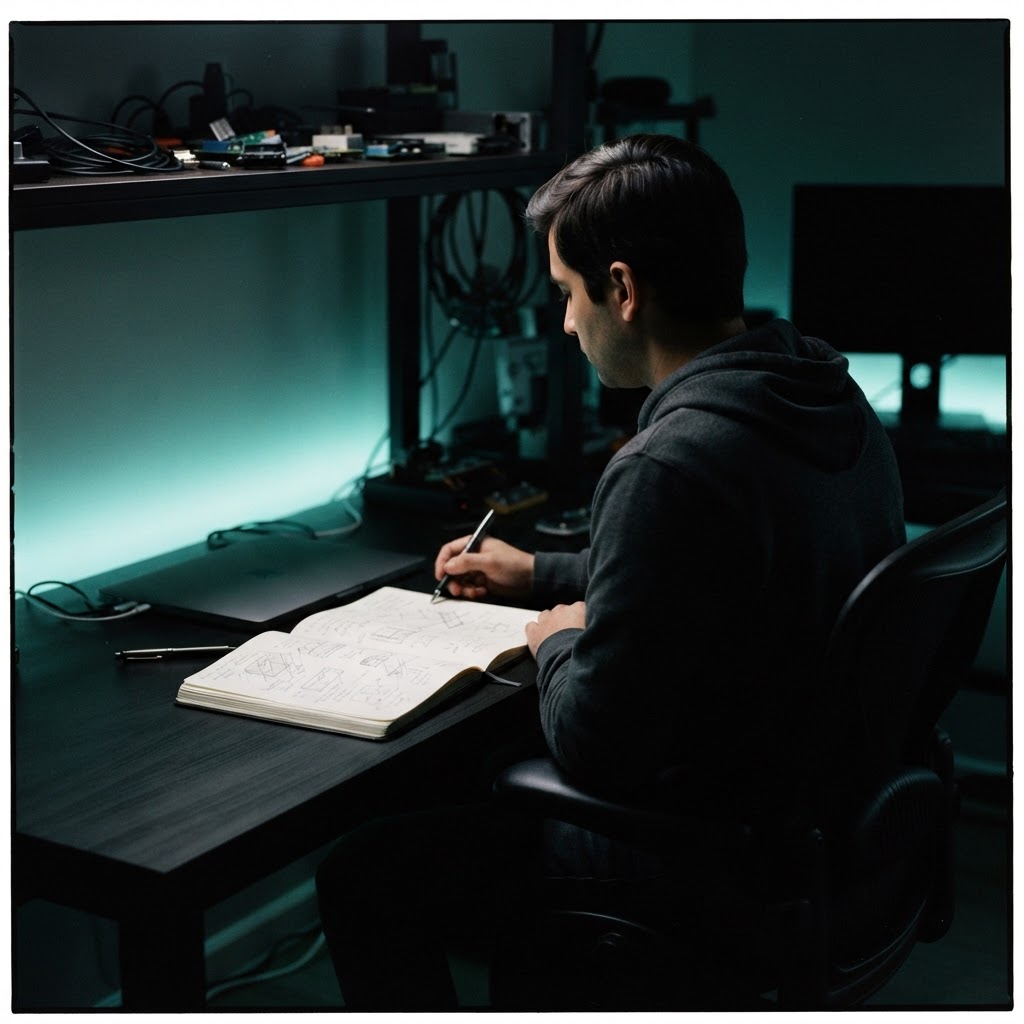 Developer at a desk with notebook and closed laptop