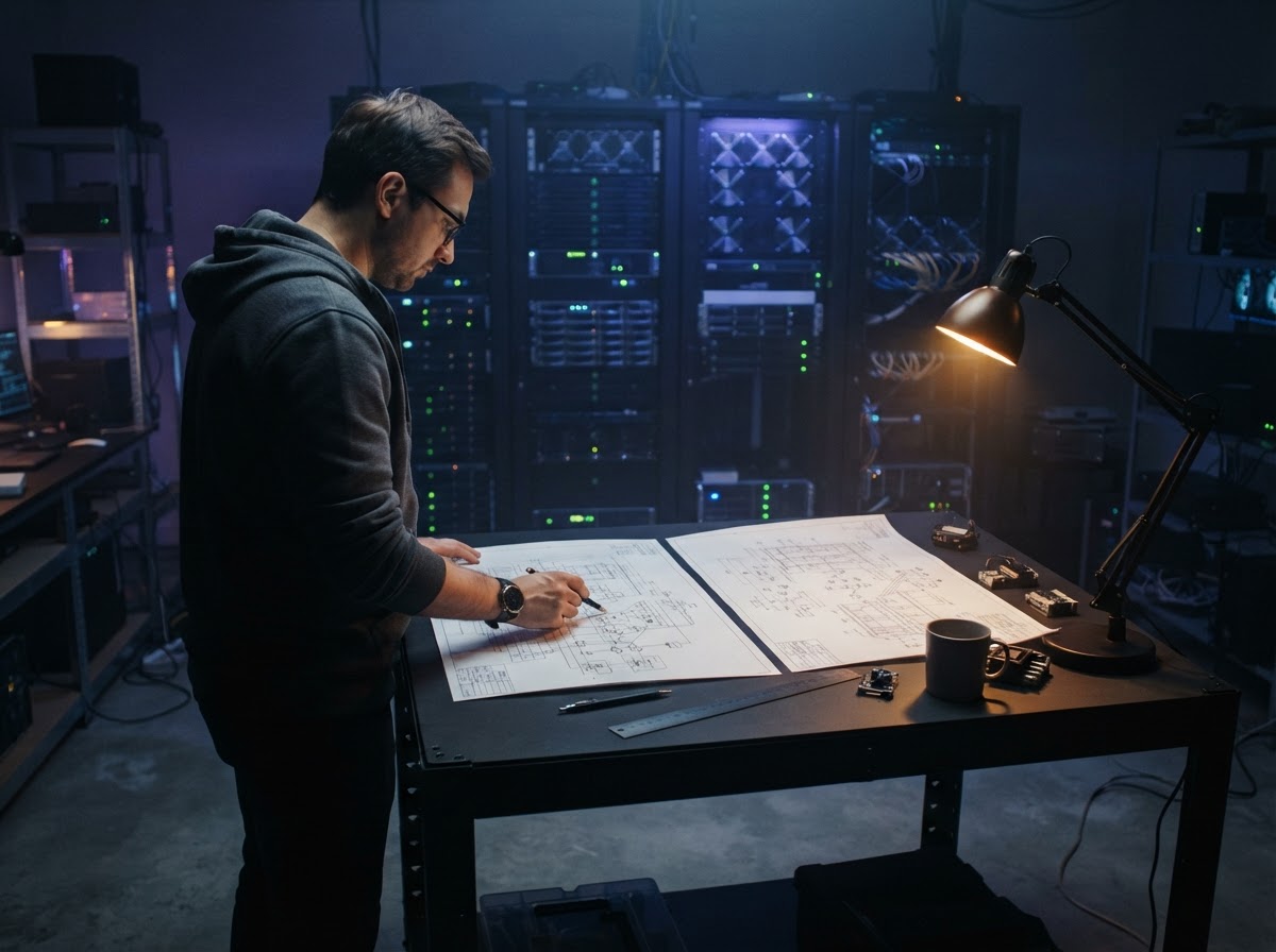 Developer comparing two architectural system blueprints on a desk