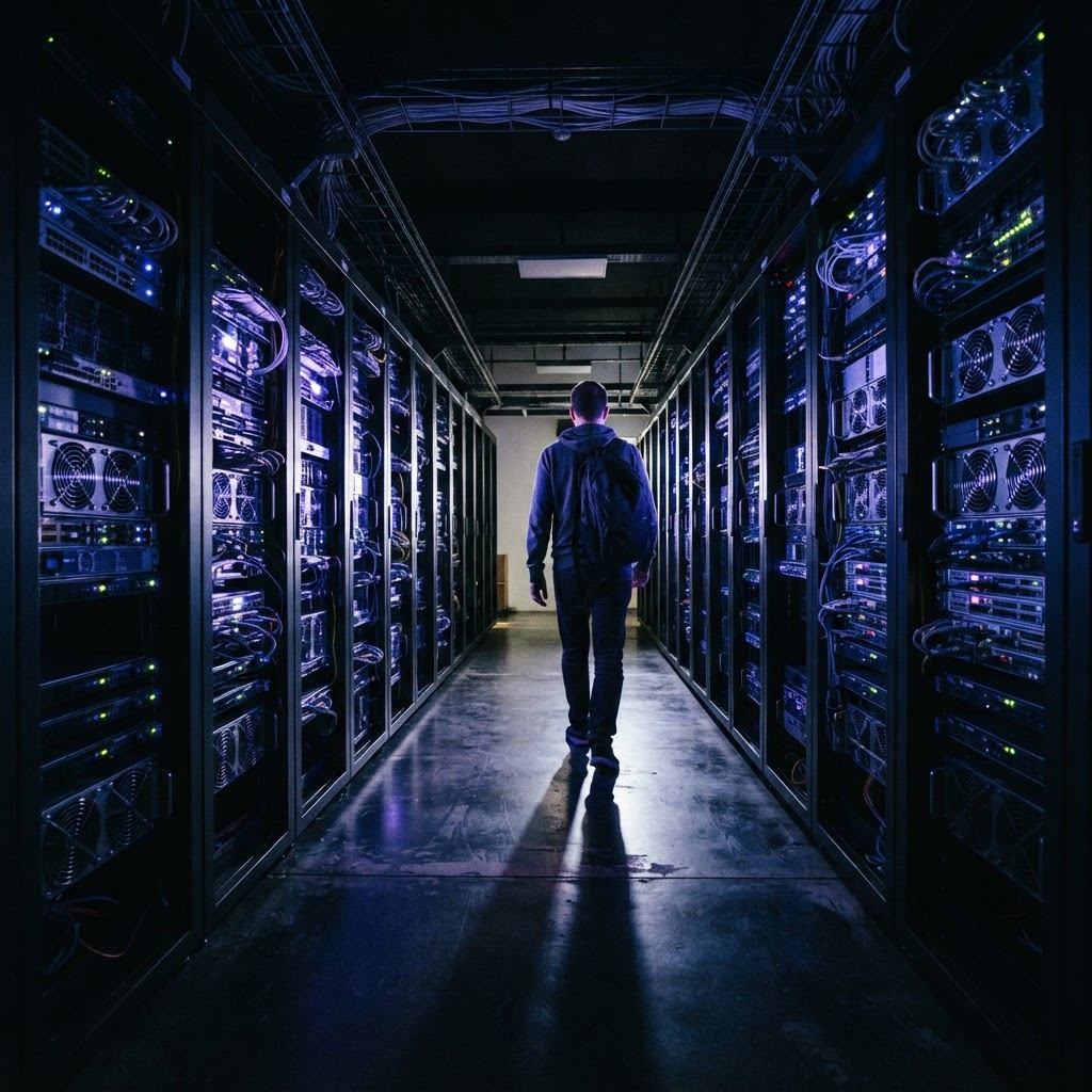 Developer walking through a dark, high-tech server room