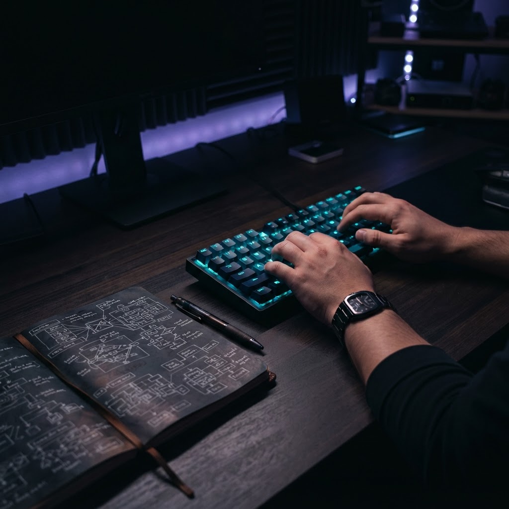 Developer working at a desk with engineering sketches