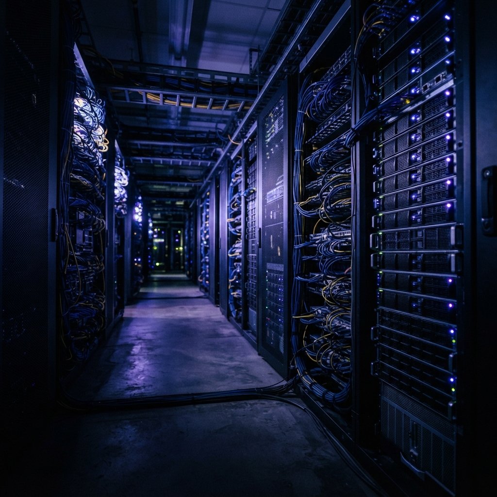Rows of data center servers with blue and purple lighting