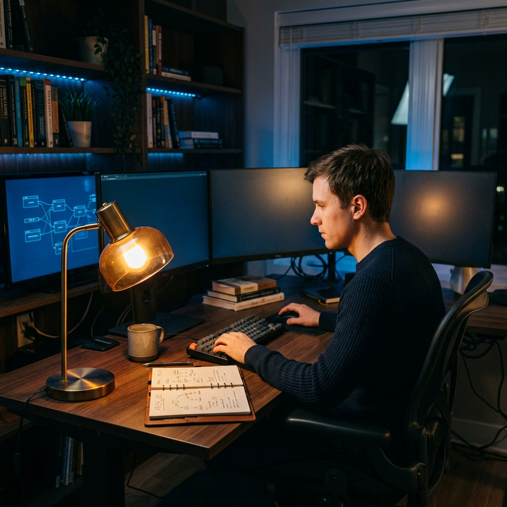 Developer reviewing system architecture on multiple monitors