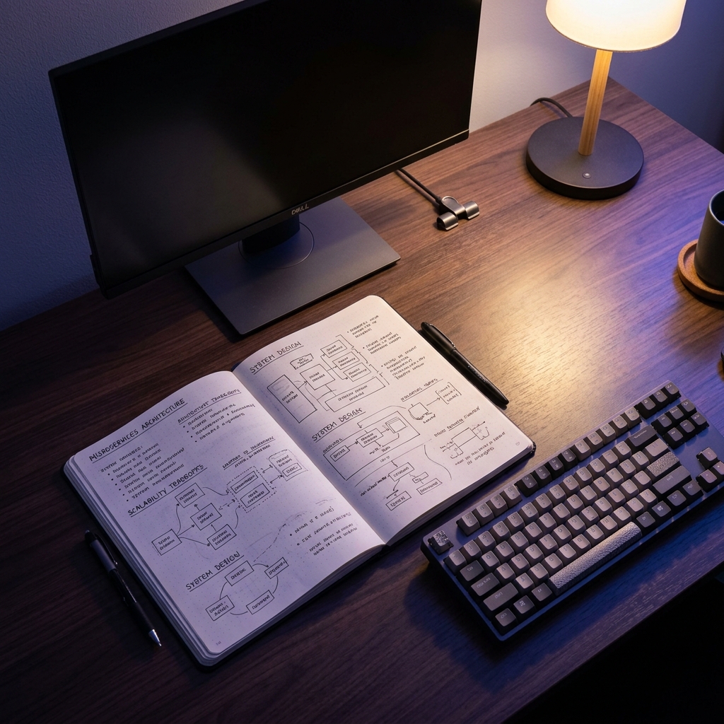 Engineering notebook with system design sketches and notes