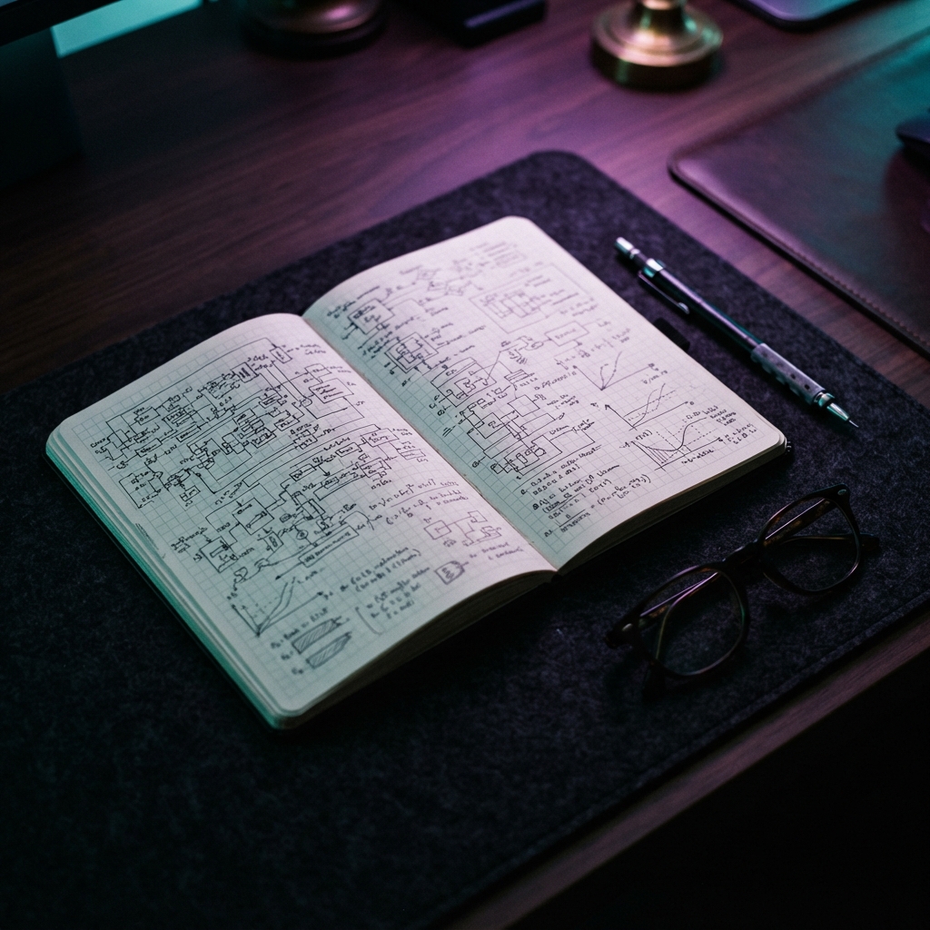 Detailed view of an engineering notebook and drafting tools