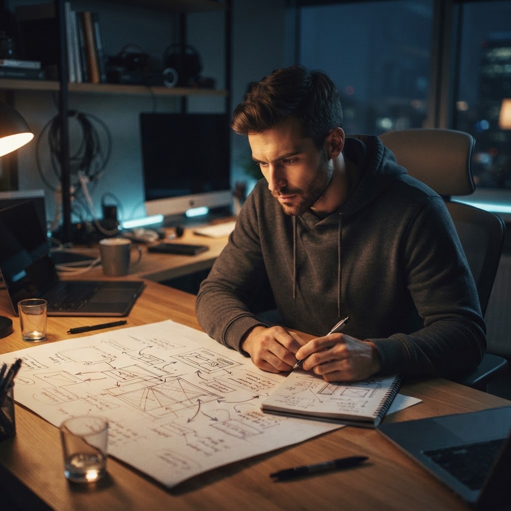 Software engineer studying architectural sketches in a moody workspace