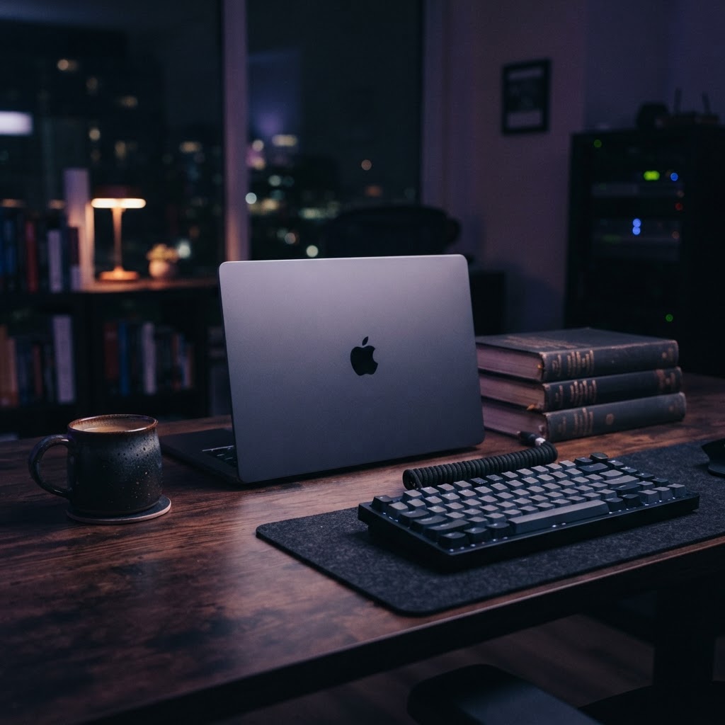 Professional developer workspace with keyboard and books