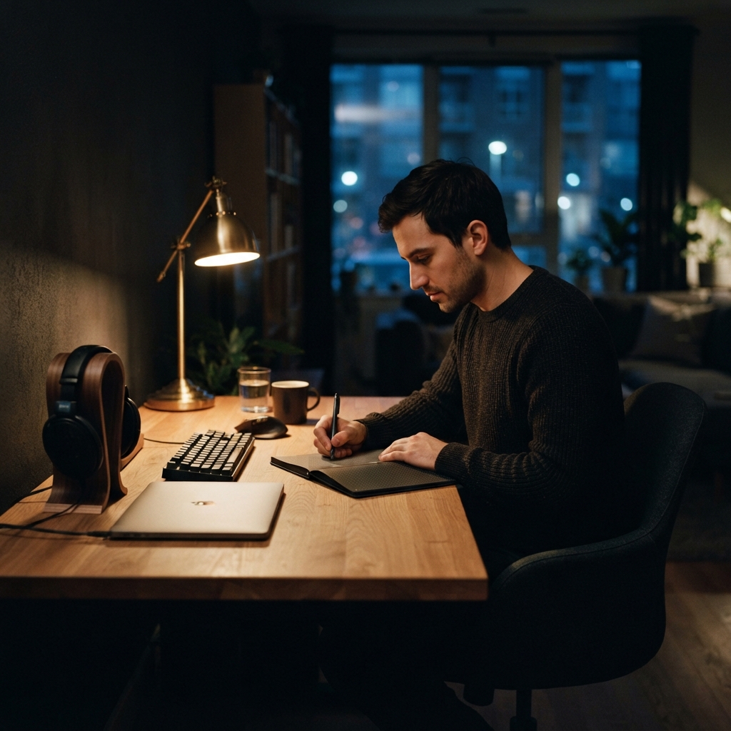 Software engineer writing in a notebook at night