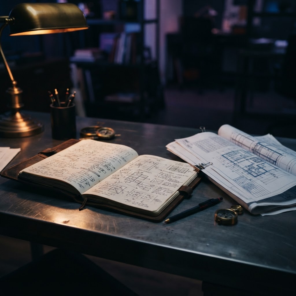 Architectural blueprints and notebook on a dark desk