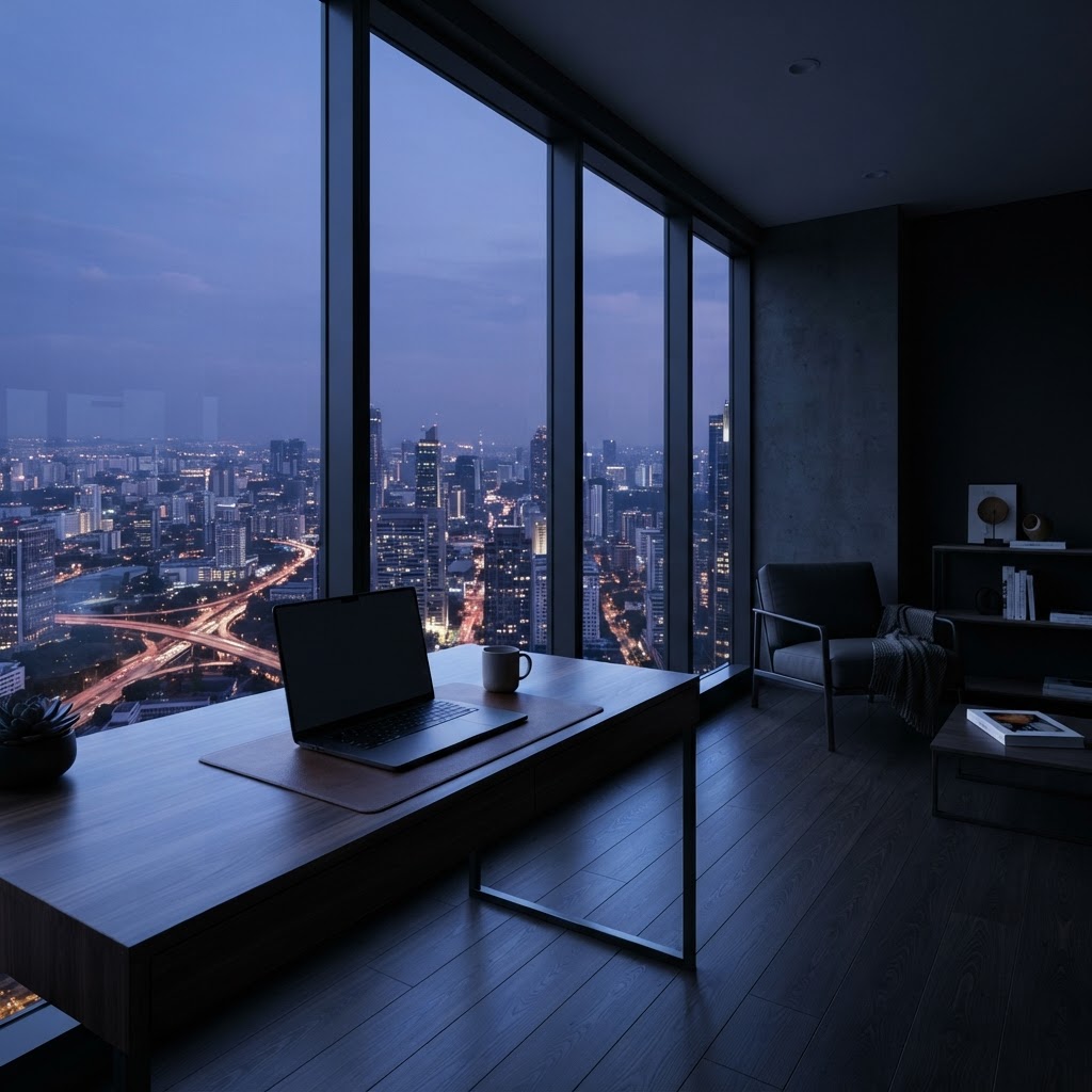 Empty modern apartment with city view at dusk