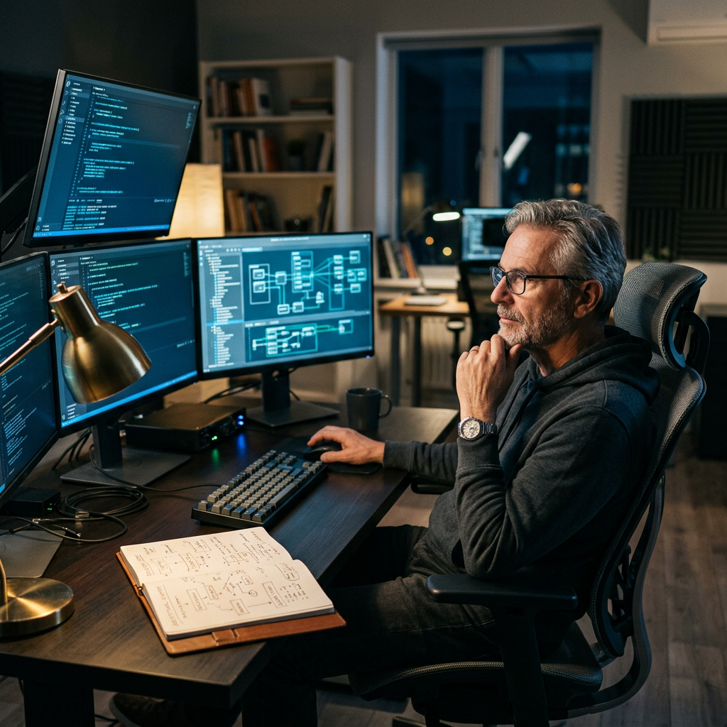 Developer reviewing tech stack architecture at desk