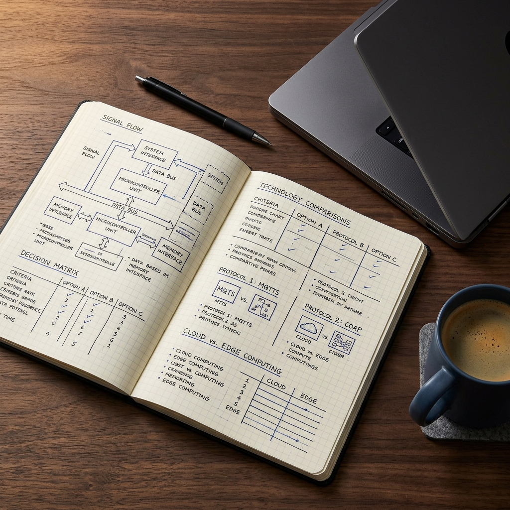 Engineering notebook with tech stack analysis sketches