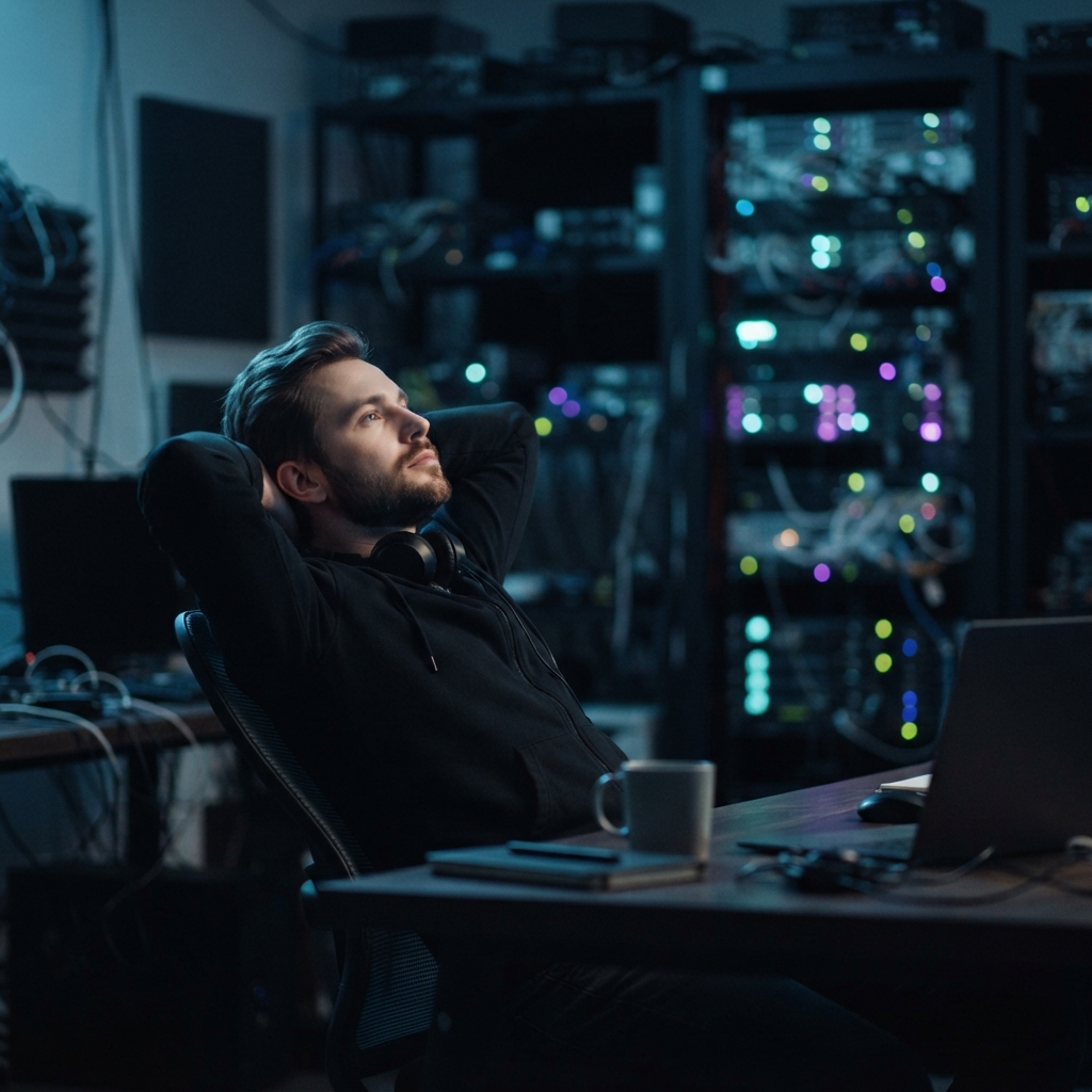 Developer working in a dimly lit server environment