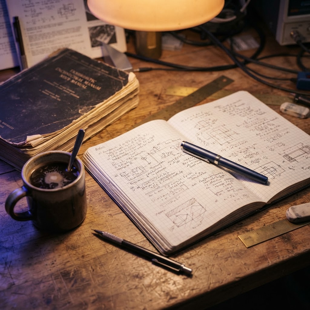 Open engineering notebook on a dark desk