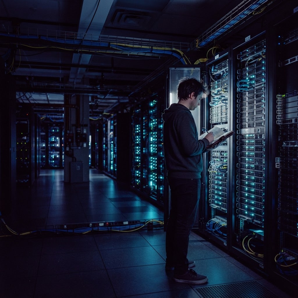 A developer documenting findings in a server room at night