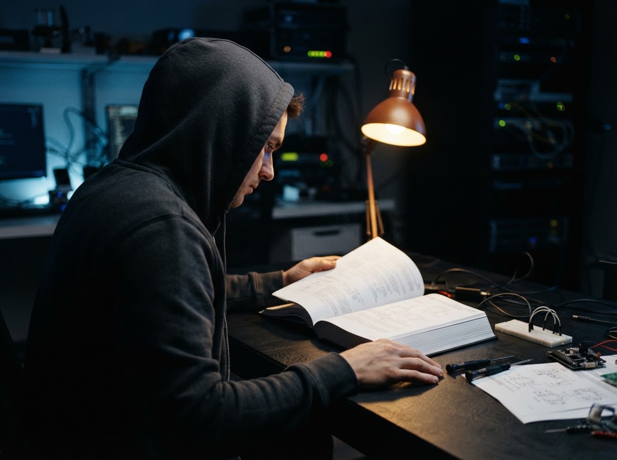 A developer inspecting a technical audit manual at a desk