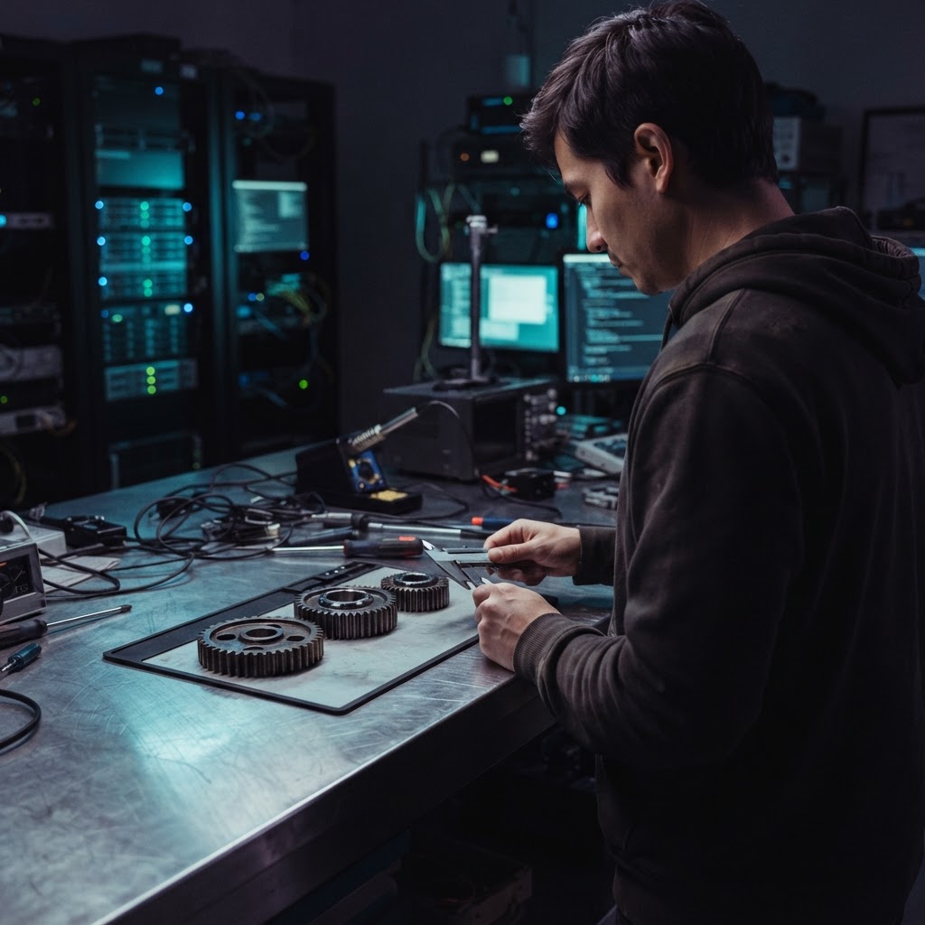 Physical metal components laid out for technical inspection on a workbench