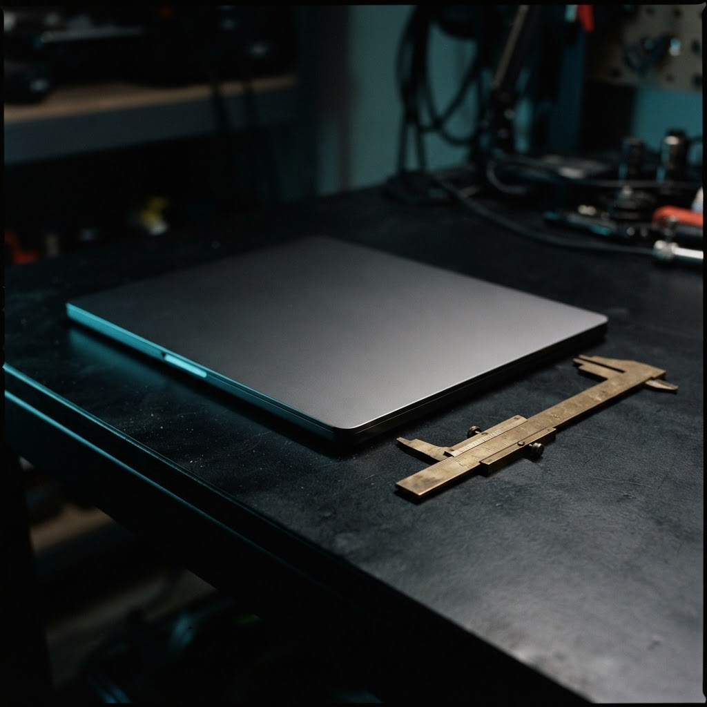 Precision tools and a closed laptop on a workbench during an audit