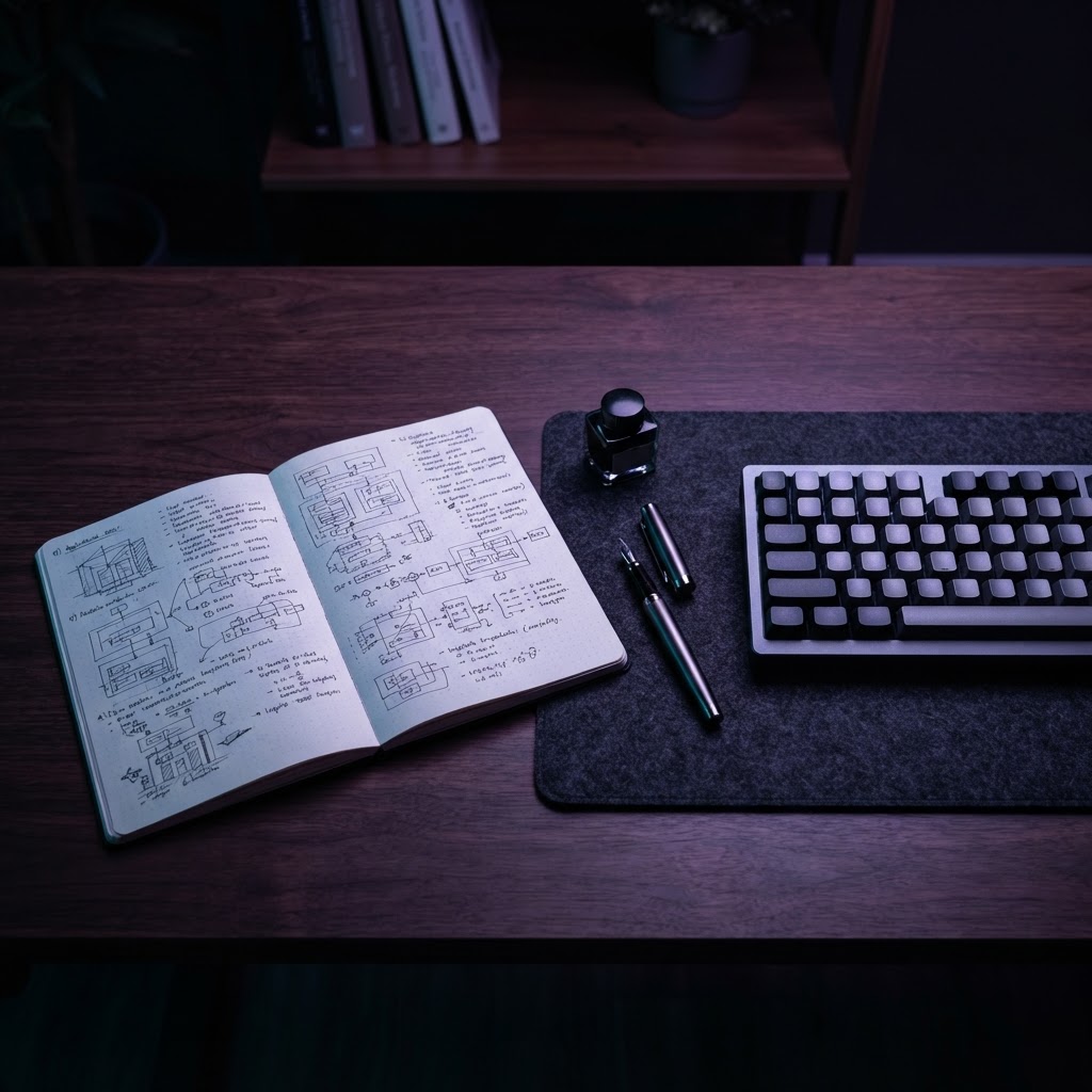 Detailed engineering notebook and mechanical tools on desk