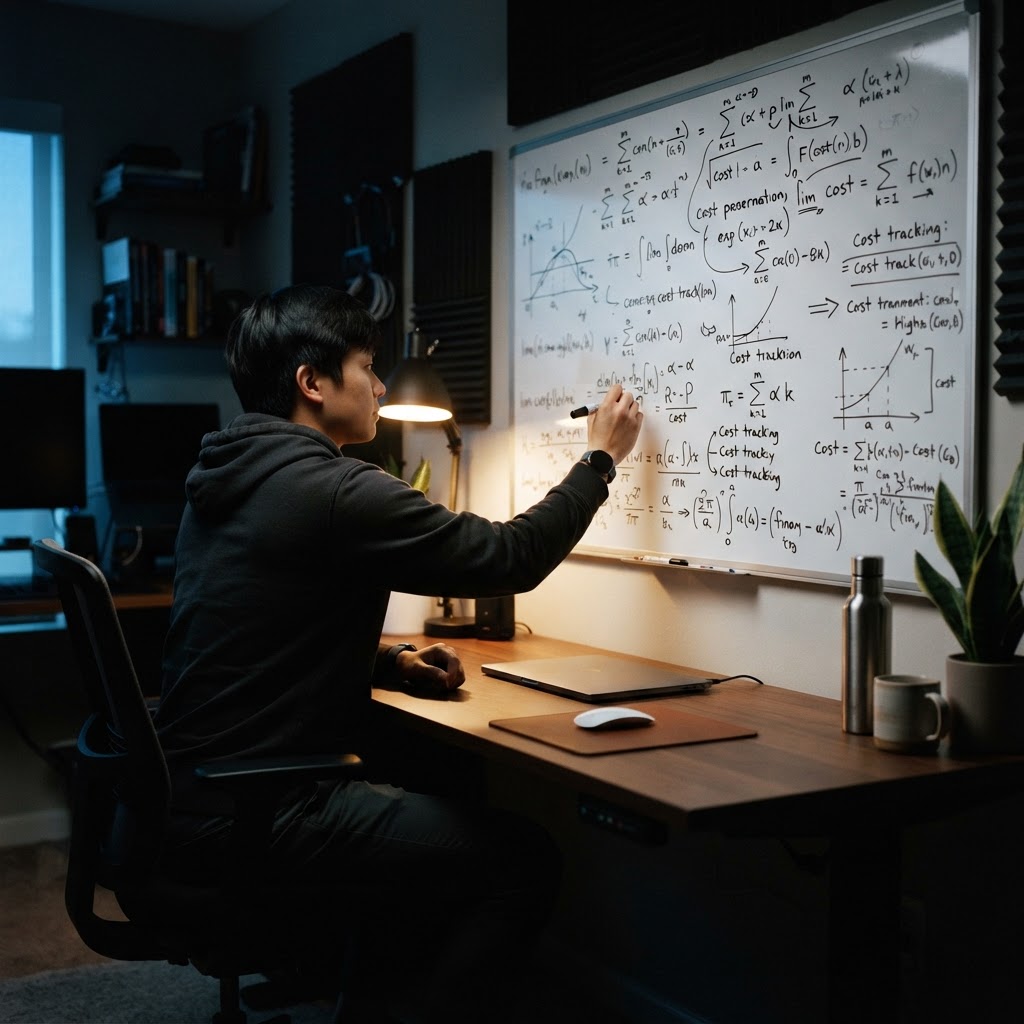 Developer calculating project costs on a whiteboard