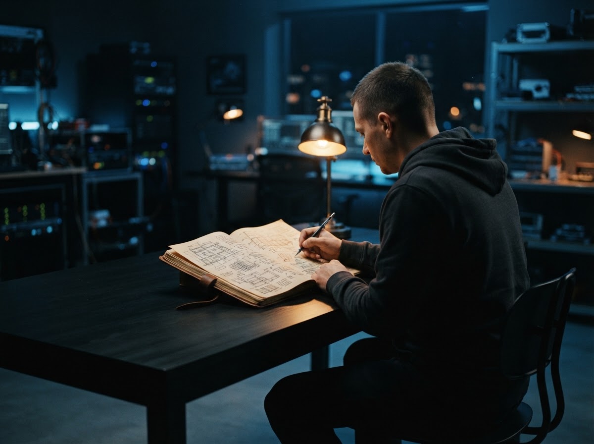 Developer reviewing hand drawn architectural diagrams in a studio