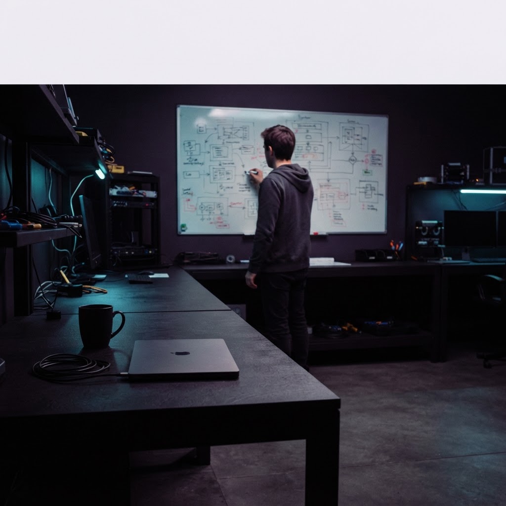 Developer working in a dimly lit engineering studio
