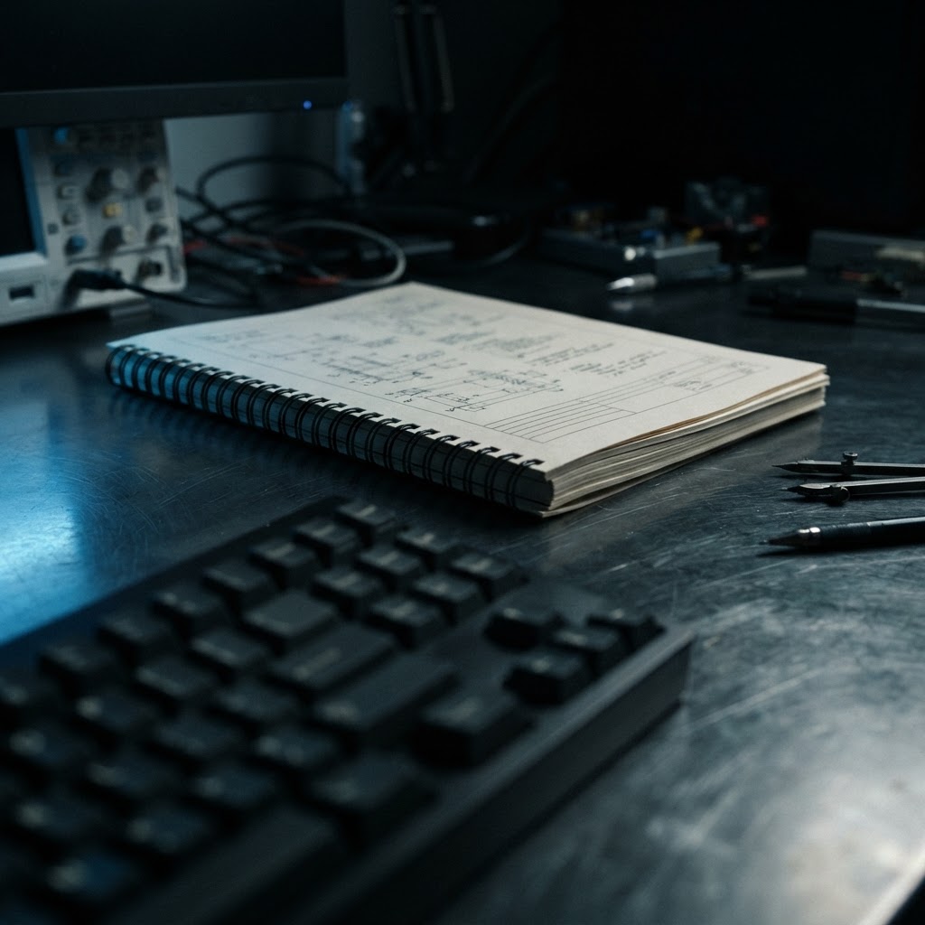Printed project requirements on a dark metal desk