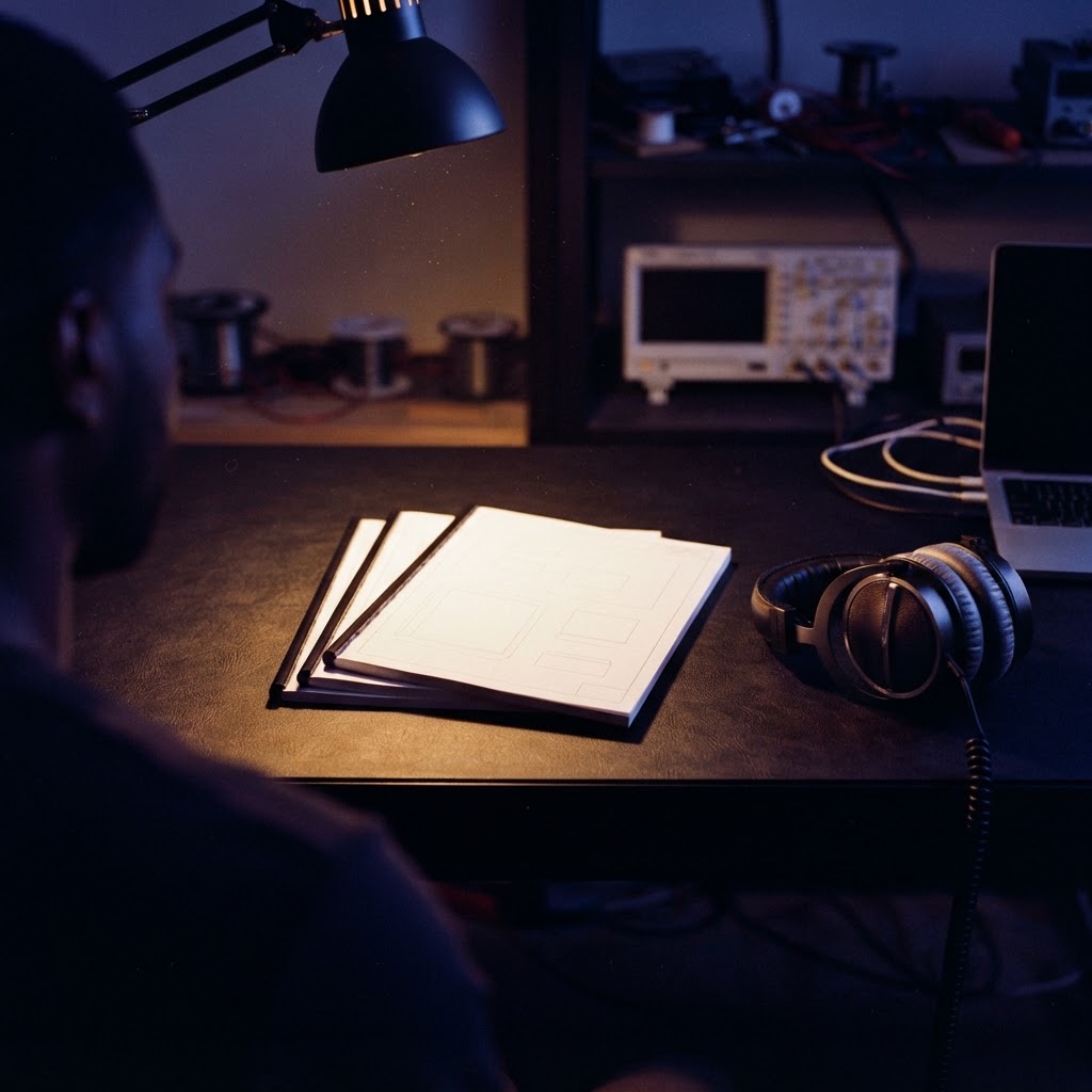 Technical documents and headphones on a dark desk