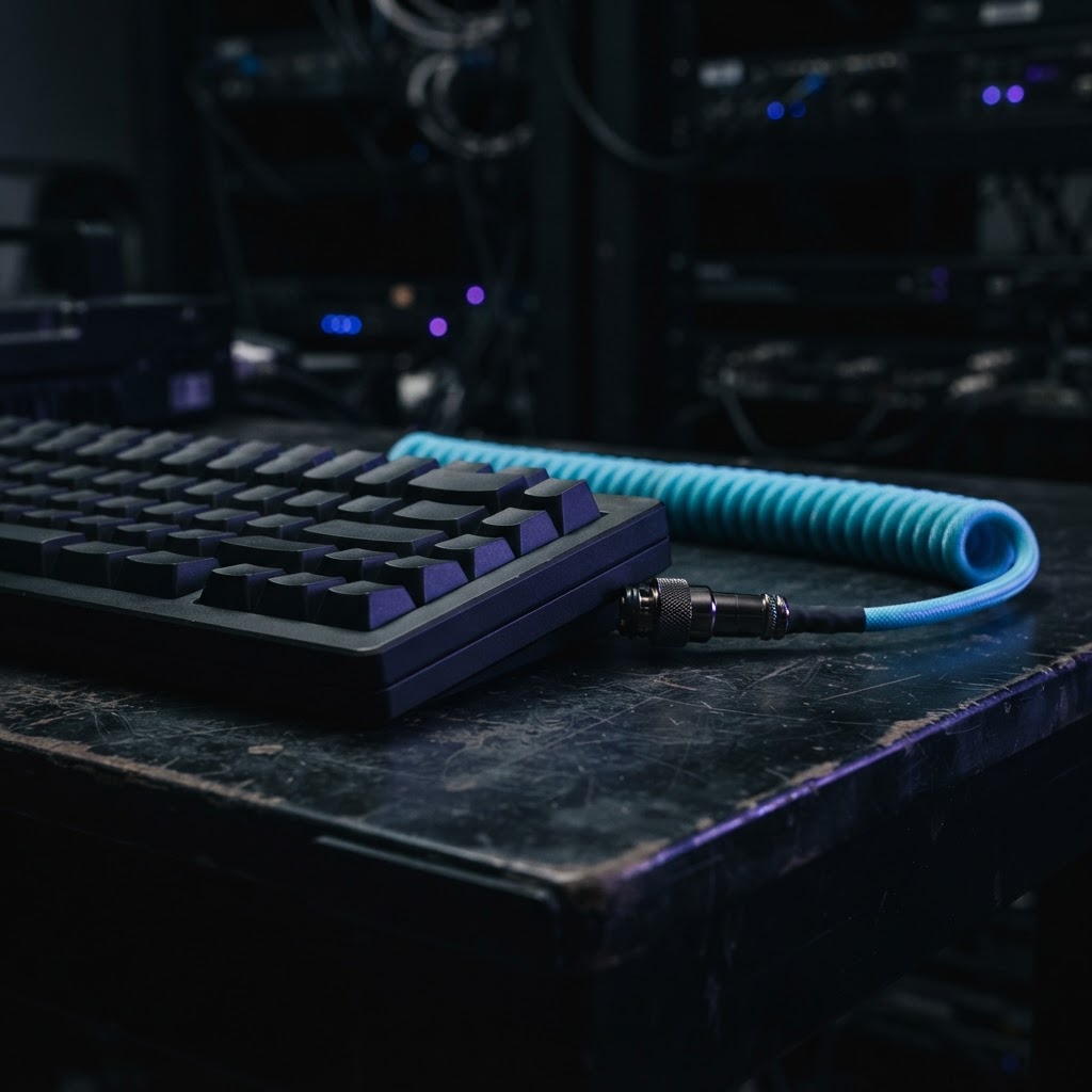 Close up of tech equipment on dark industrial desk