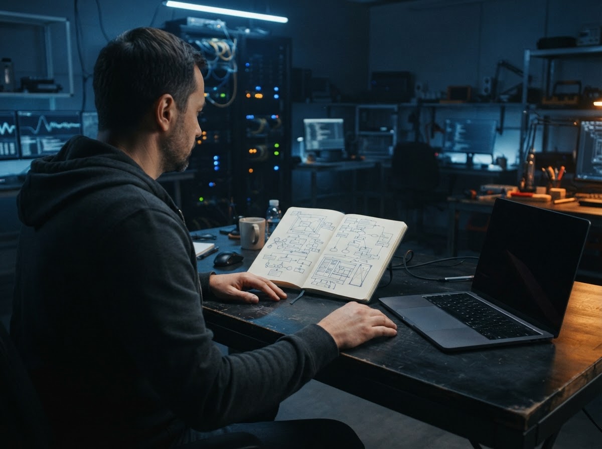 Developer at desk studying infrastructure blueprints in dim light