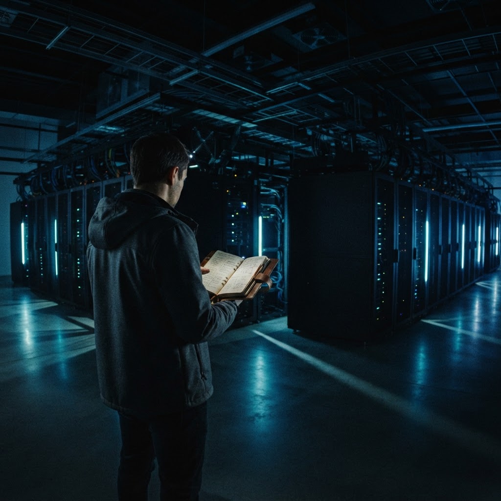 Developer standing in server room reviewing a journal