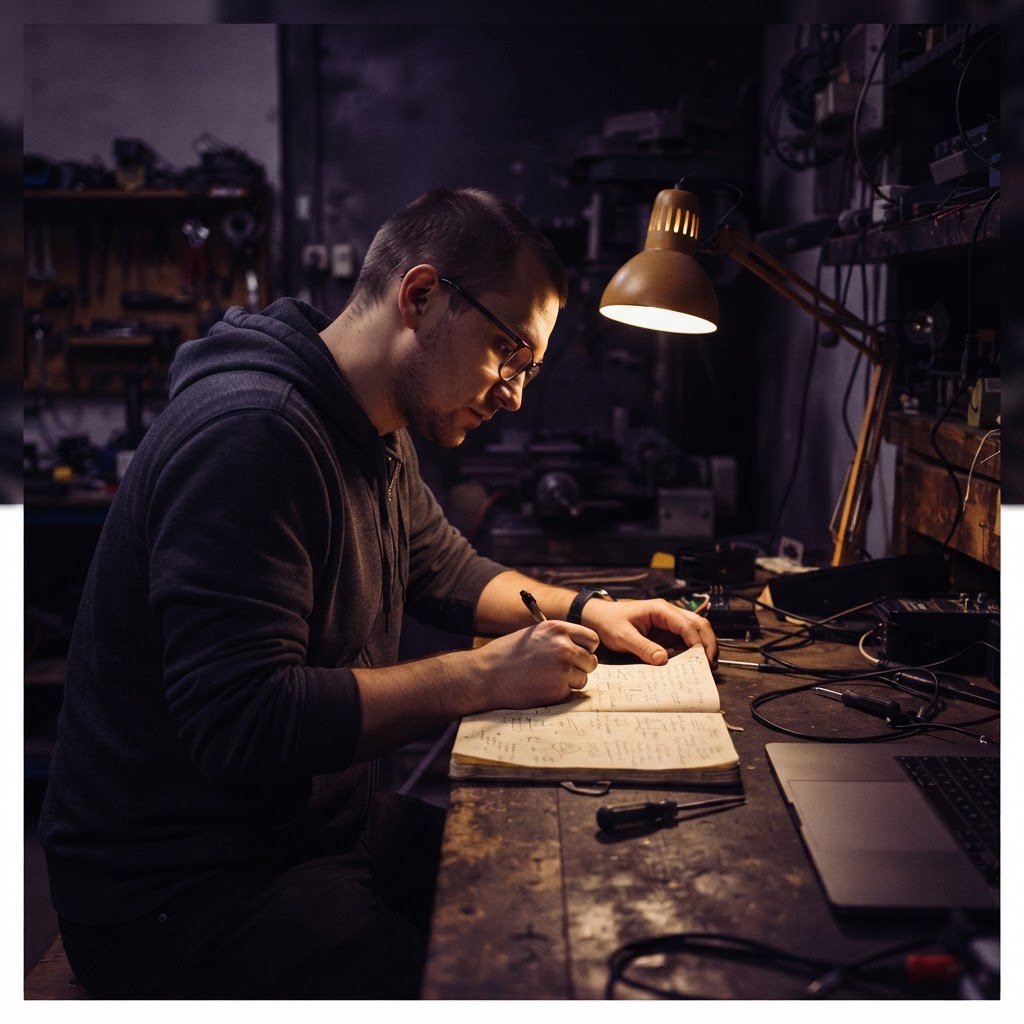 Focused developer writing in an engineering journal