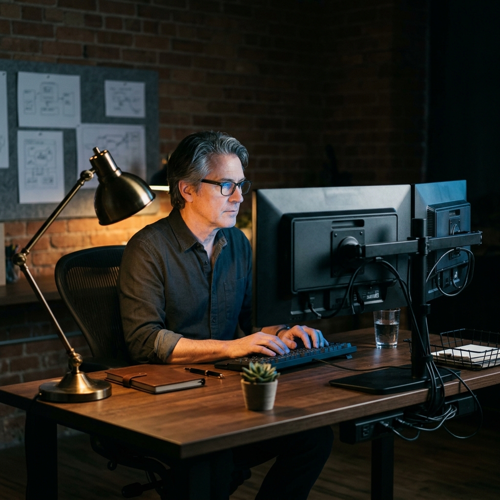 Engineer designing system infrastructure at multi-monitor setup