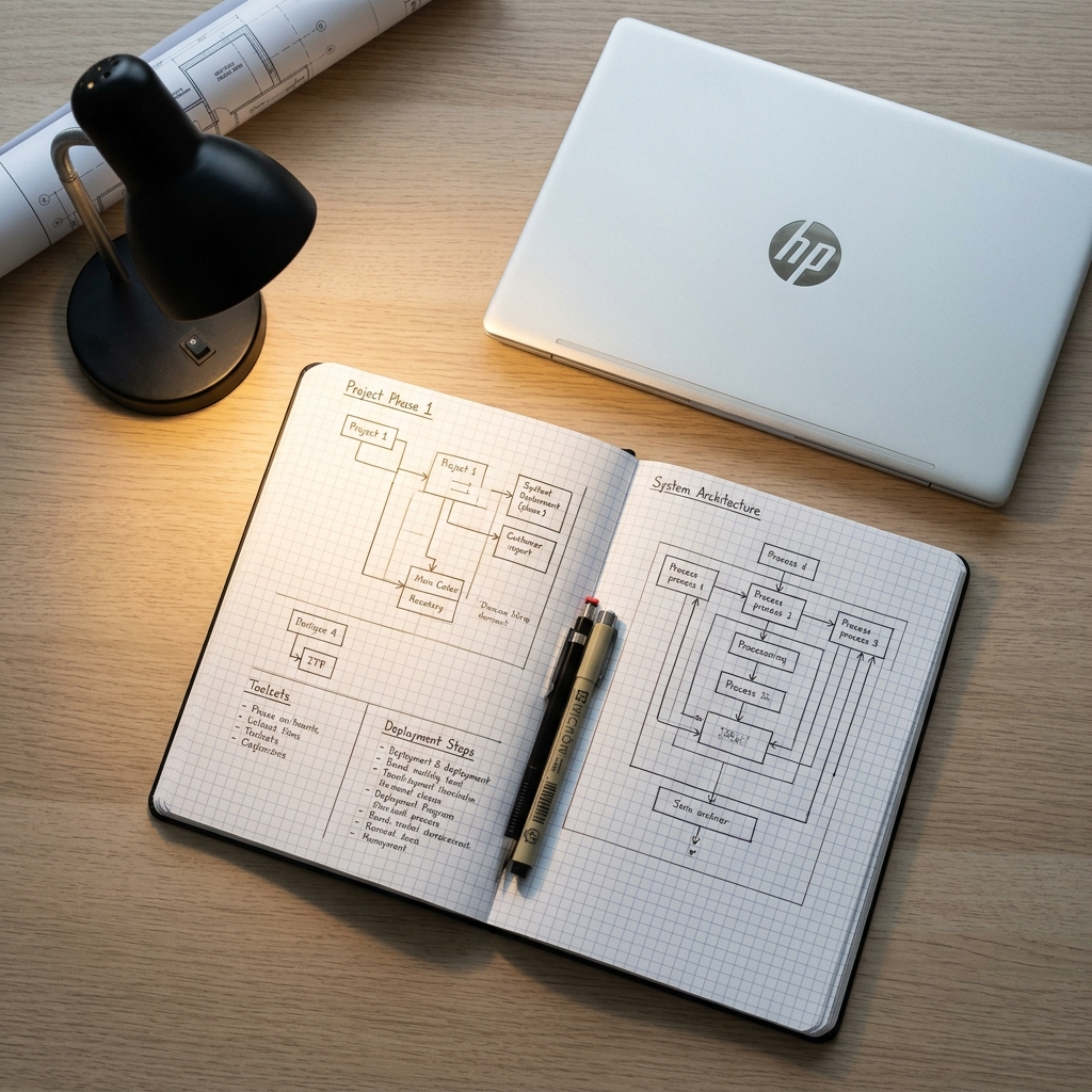 Engineering notebook with workflow diagrams and laptop terminal