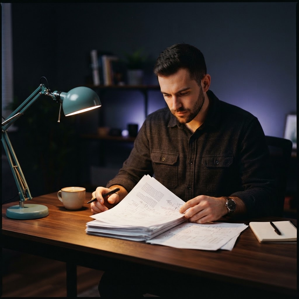 Developer reviewing professional documents in a dimly lit office
