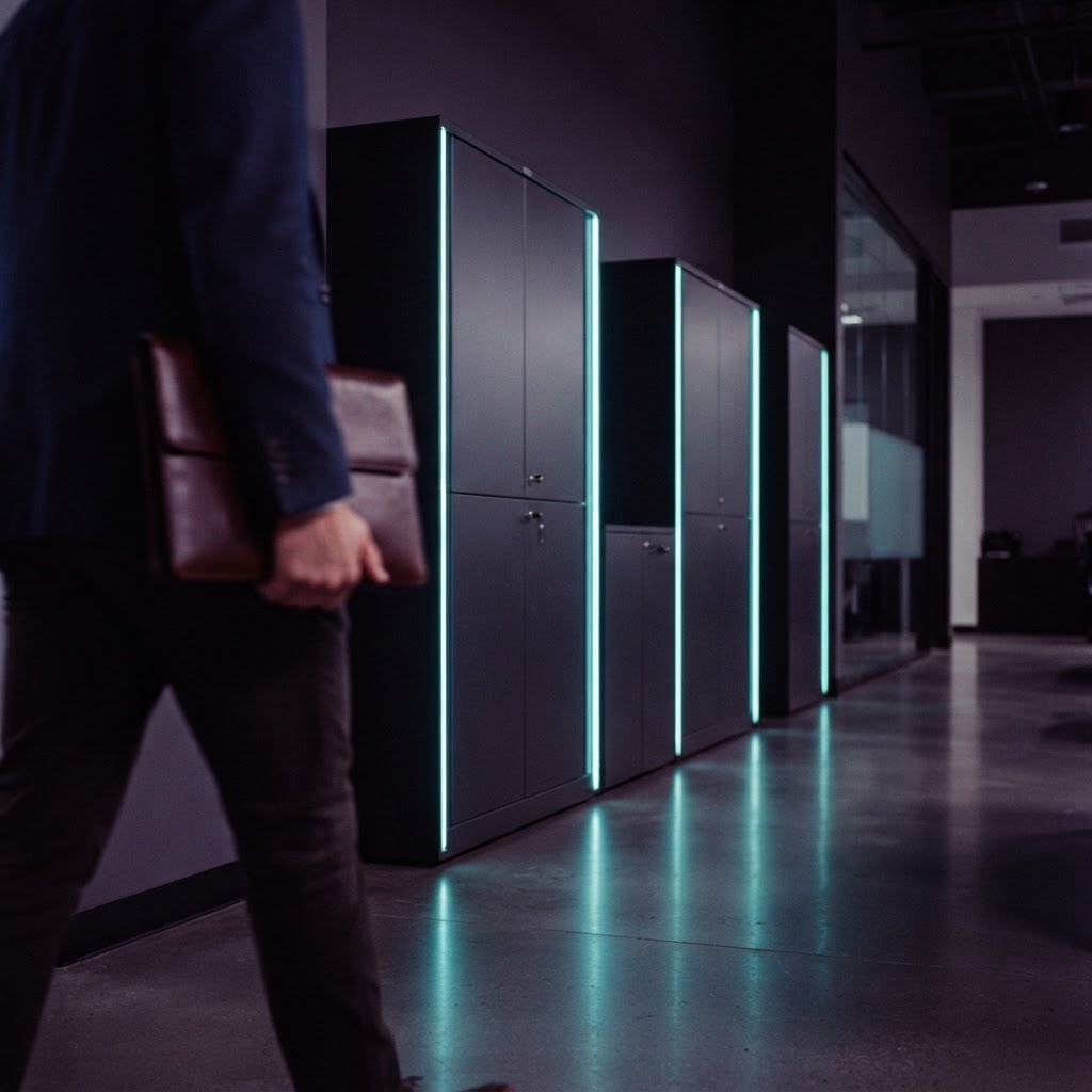 Developer walking through a dimly lit professional workspace