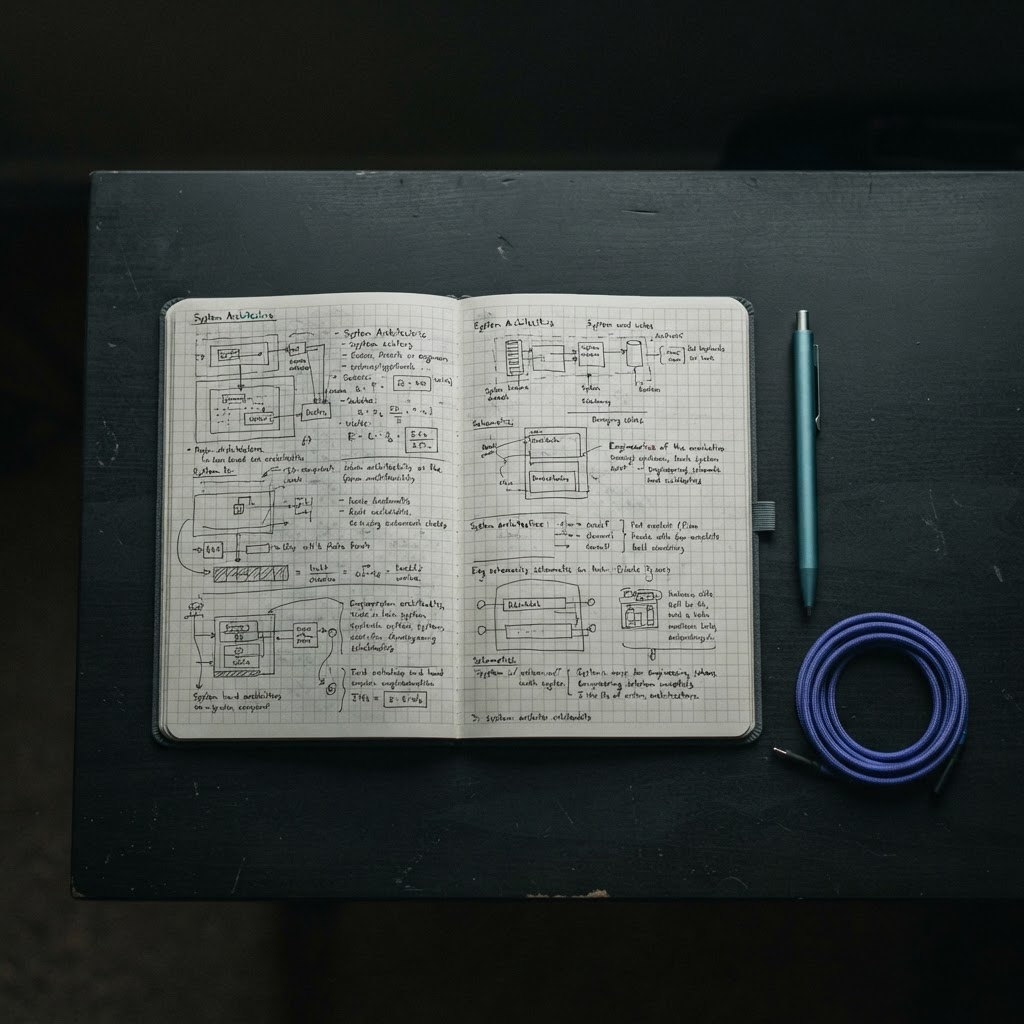 Engineering notebook and teal pen on a dark desk