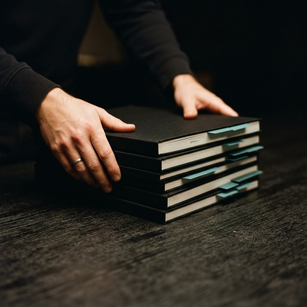 Hands organizing professional reports with teal tabs
