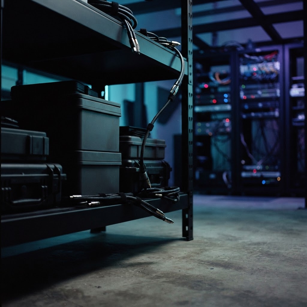 Clean industrial shelving and cables in a dark server environment