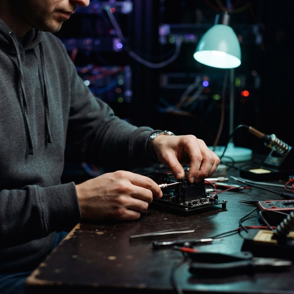Developer hands adjusting a hardware connector on a dark desk