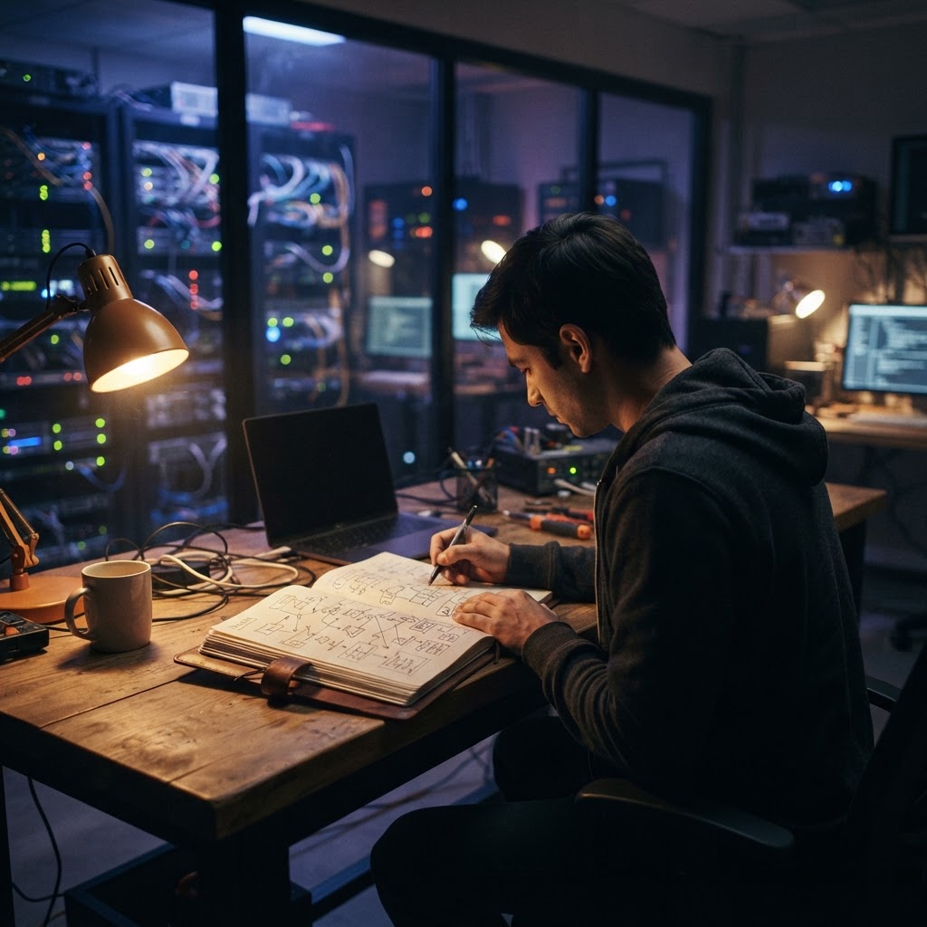 Developer sketching in a journal at a dark workstation