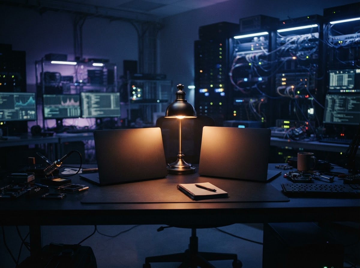 Two closed laptops on a desk in a dark studio