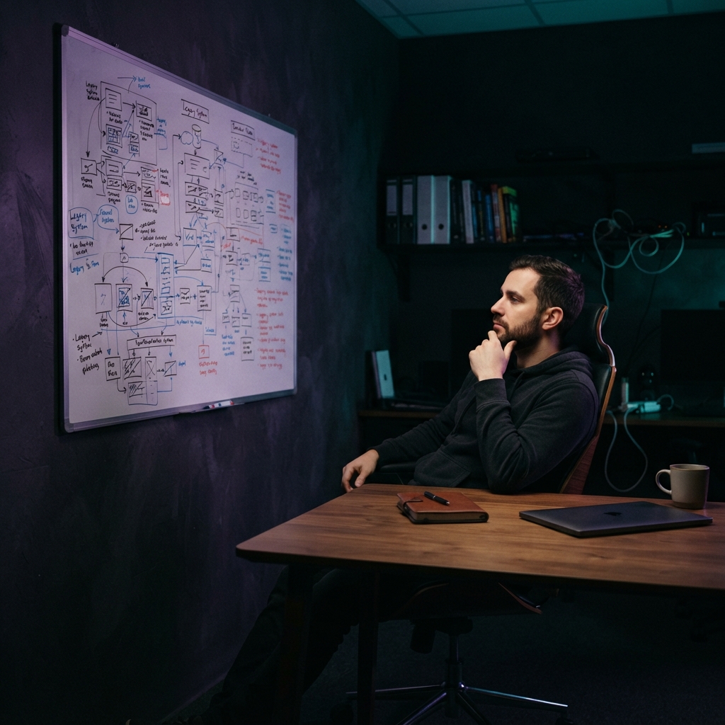 Developer reviewing system architecture on a whiteboard