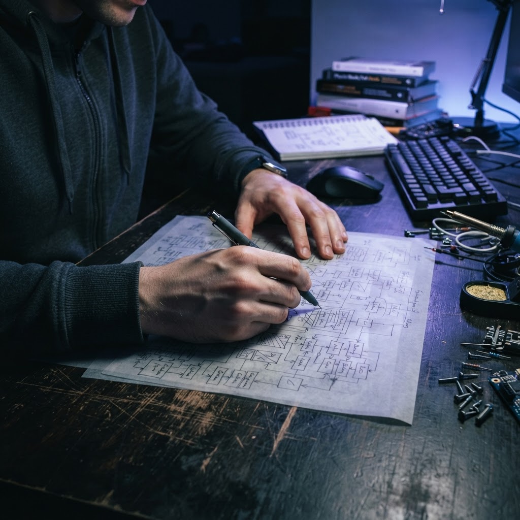 Developer sketching architectural plans in a dimly lit studio