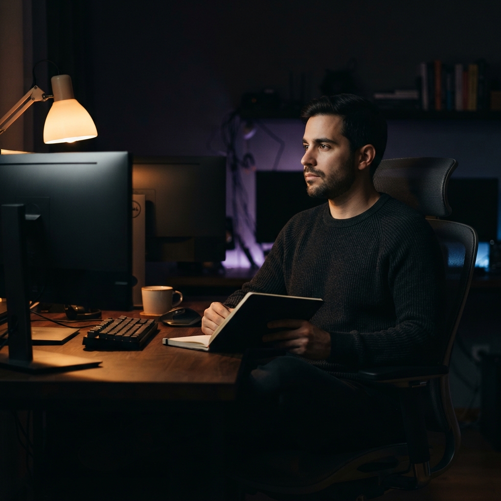 A developer pondering architectural decisions at a dark desk