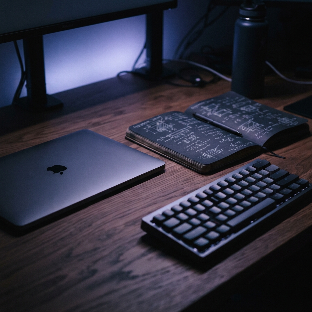 Tools of a developer on a dark desk at night