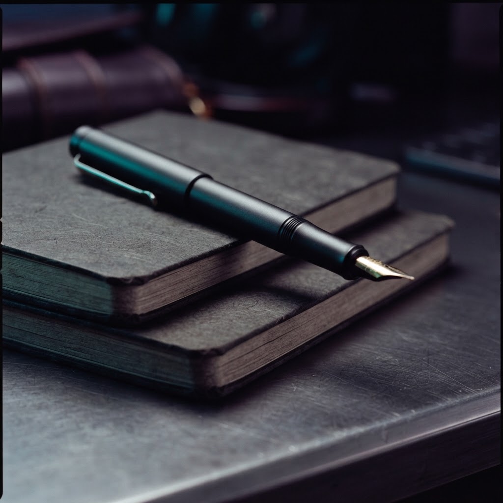 Close up of journals and a fountain pen on a dark desk
