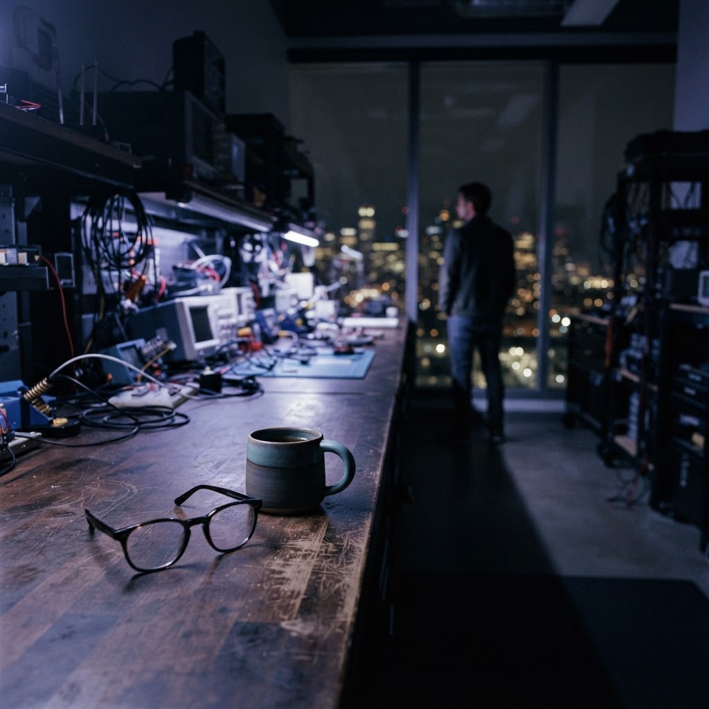 Desk setup with glasses and mug in a dimly lit studio