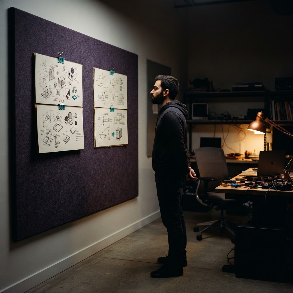 Developer reviewing physical engineering sketches on an office wall