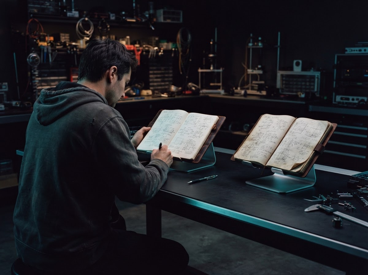 Developer sitting at a dark workspace with two notebooks