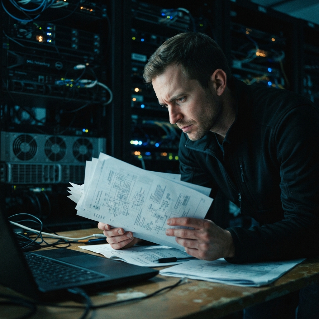 Developer reviewing technical documentation in a dark office